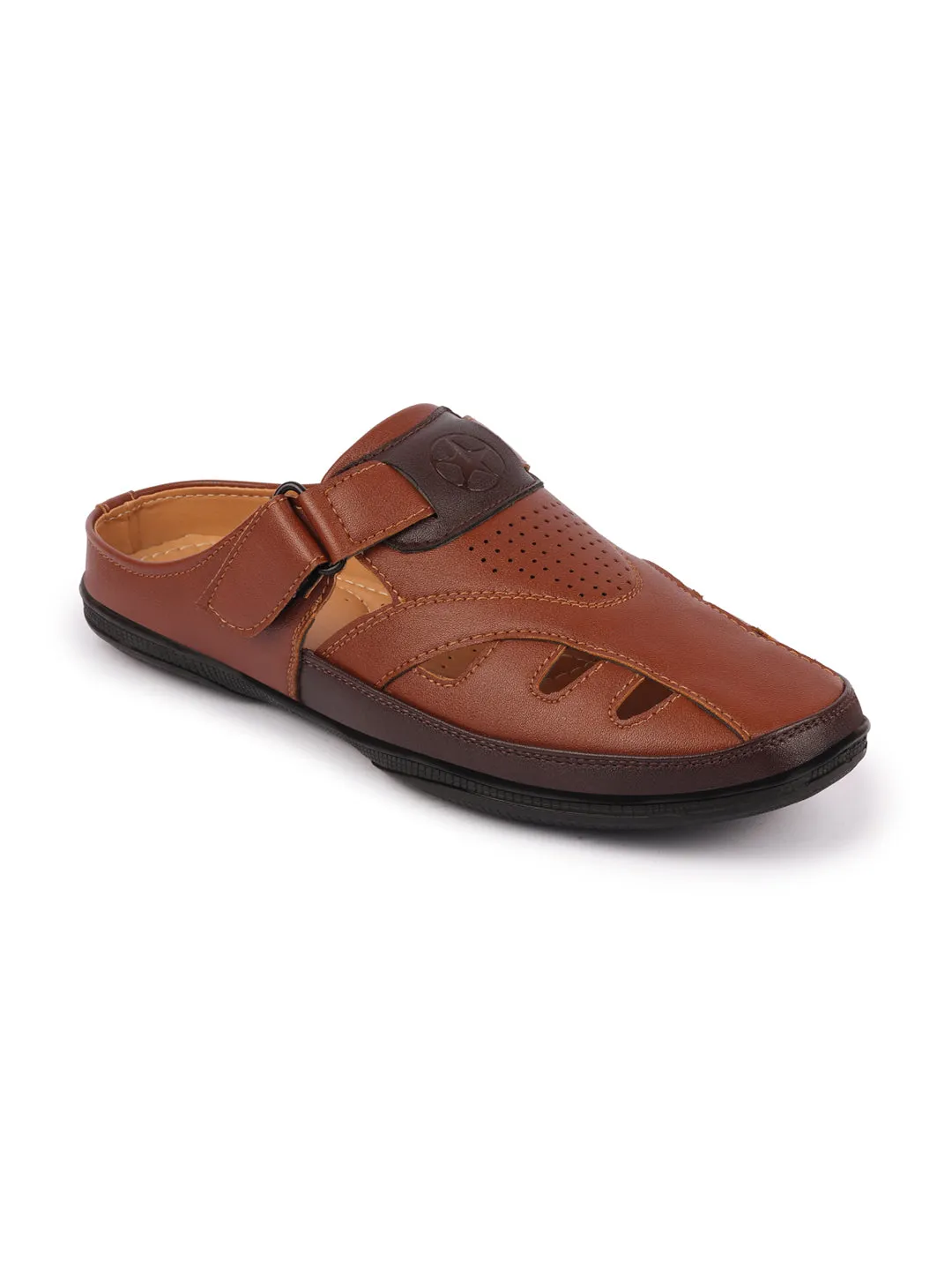 Men Tan Back Open Laser Cut Design Slip On Sandal with Ankle Strap