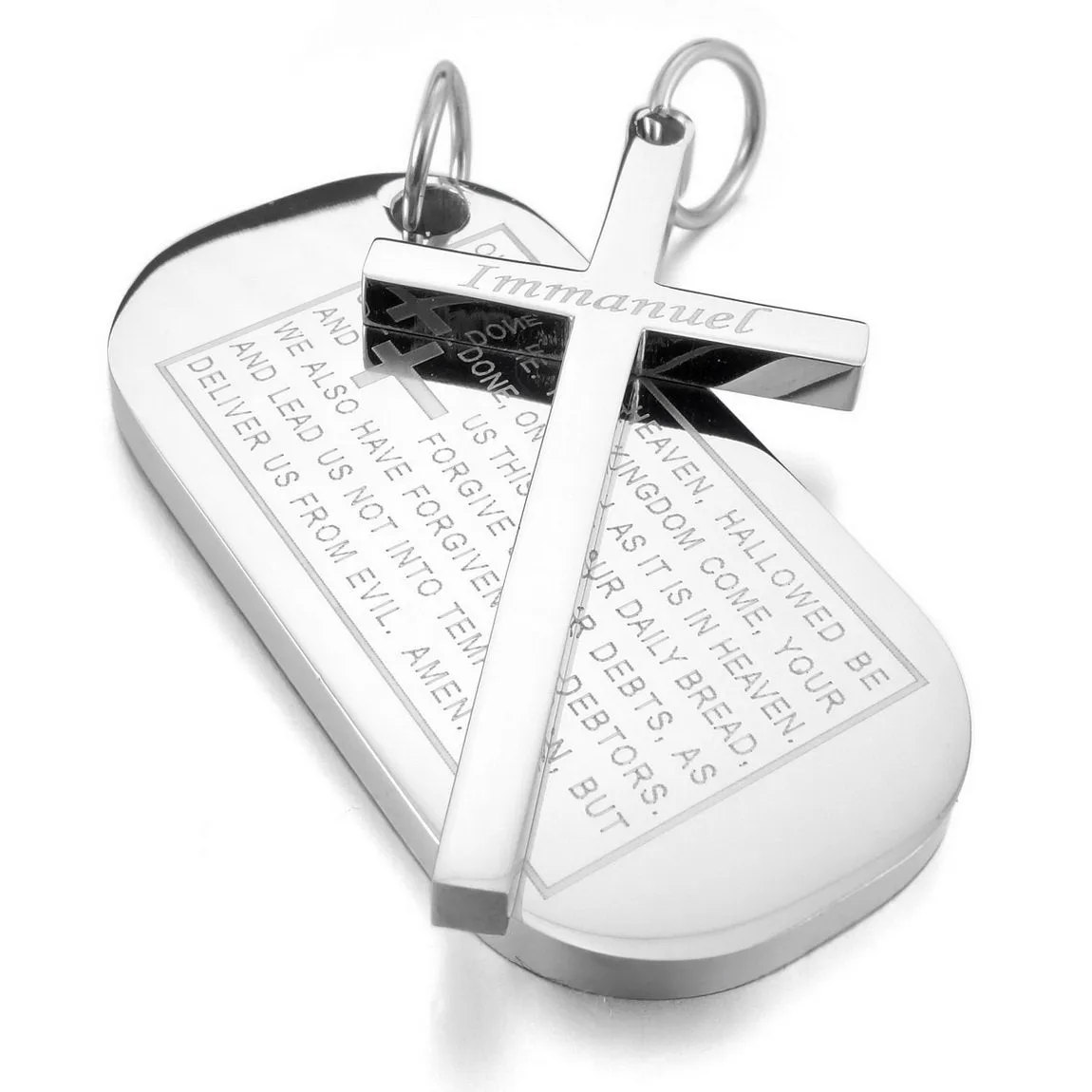 Men's Stainless Steel Pendant Necklace Silver Tone Dog Tag Cross English Bible Lords Prayer -With 23 Inch Chain