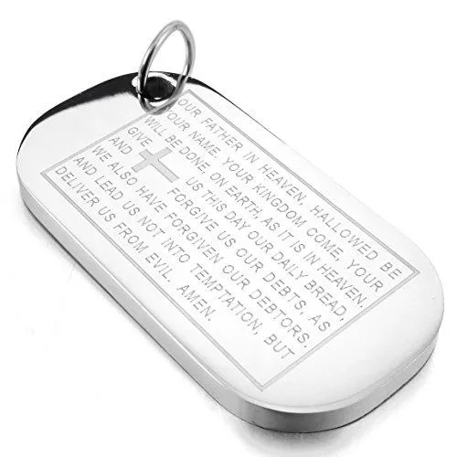 Men's Stainless Steel Pendant Necklace Silver Tone Dog Tag Cross English Bible Lords Prayer -With 23 Inch Chain