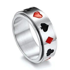 Men's Stainless Steel Silver Tone Card Rotatable Spinner Ring