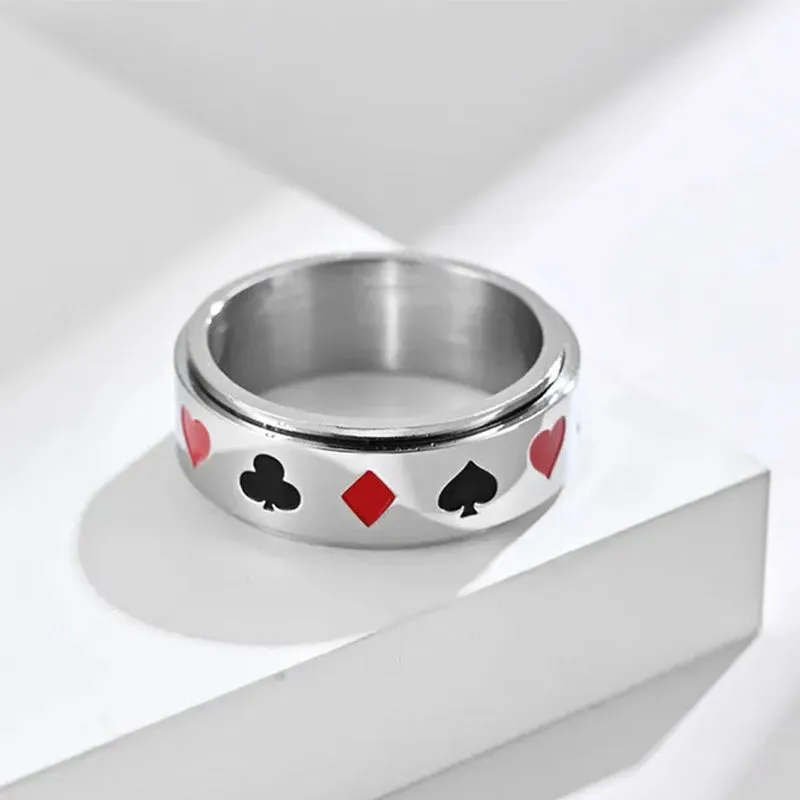 Men's Stainless Steel Silver Tone Card Rotatable Spinner Ring