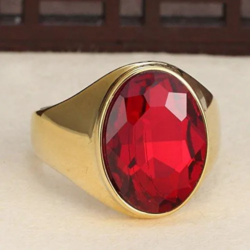 Men's Vintage 18K Gold Plated Stainless Steel Gothic Oval Agate Red Ruby Rings