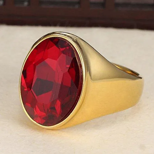 Men's Vintage 18K Gold Plated Stainless Steel Gothic Oval Agate Red Ruby Rings