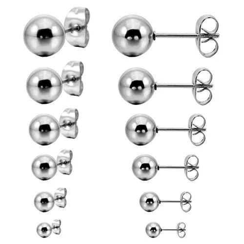 Men,Women's 3~8mm 12 PCS Stainless Steel Stud Earrings Bead Ball Set 6 Pairs