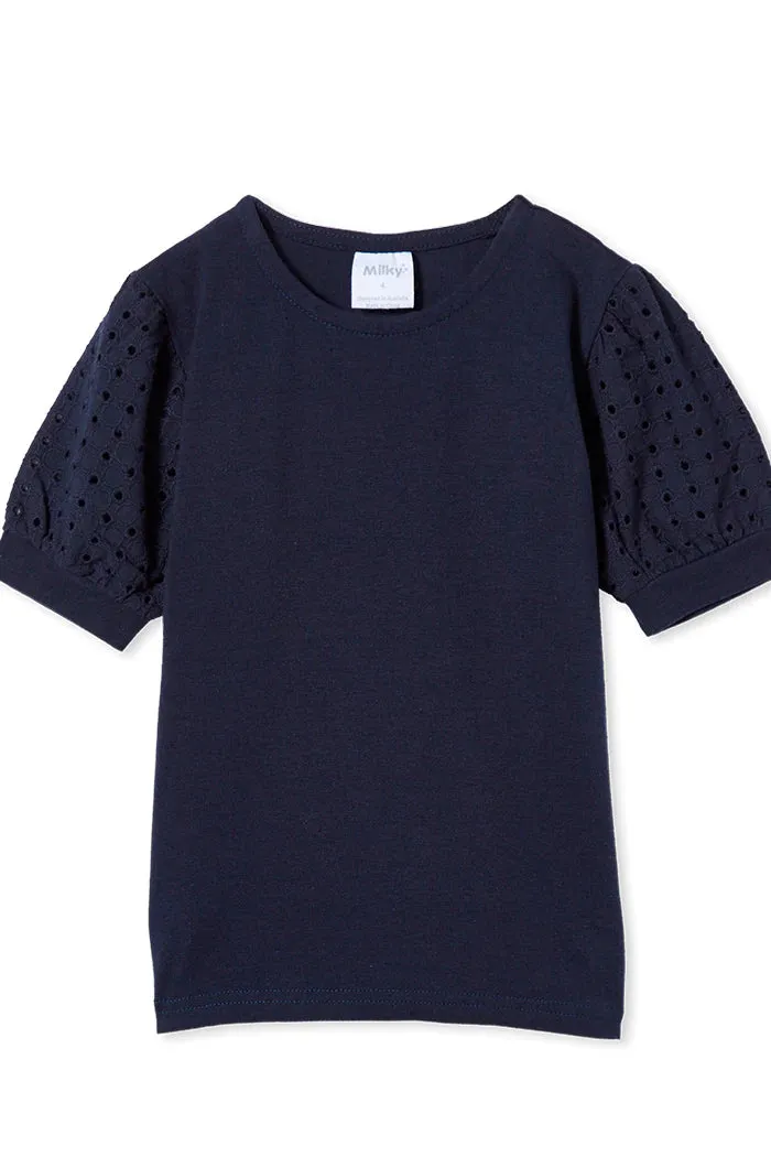 Milky Navy Broderie Sleeve Tee