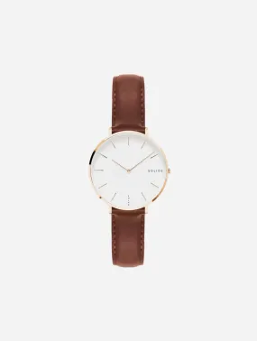 Mini Solar Watch with White & Rose Gold Dial  | Brown Vegan Leather Strap