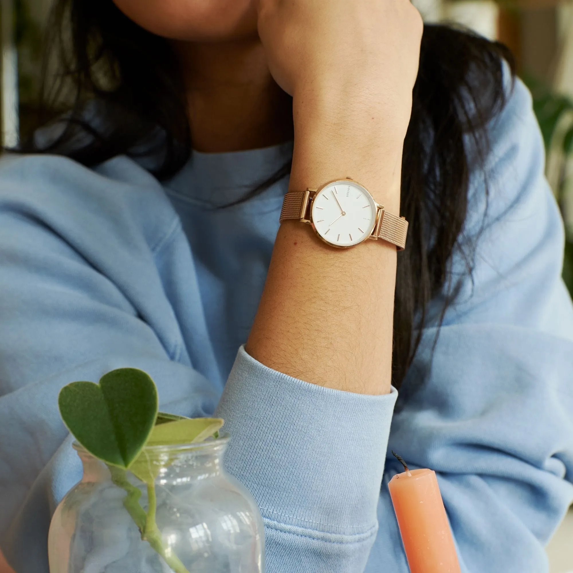 Mini Solar Watch with White & Rose Gold Dial  | Brown Vegan Leather Strap