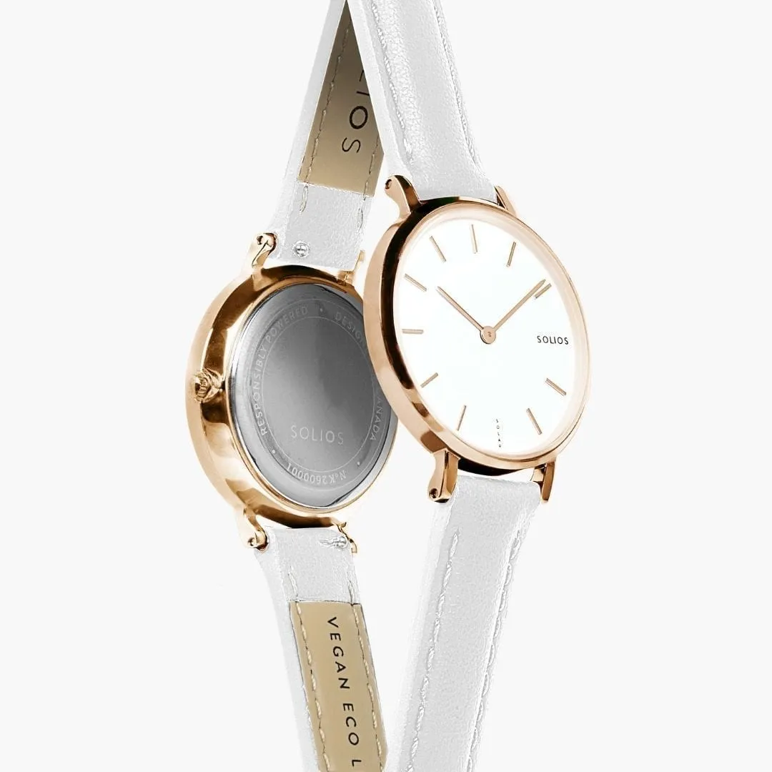 Mini Solar Watch with White & Rose Gold Dial | White Vegan Leather Strap