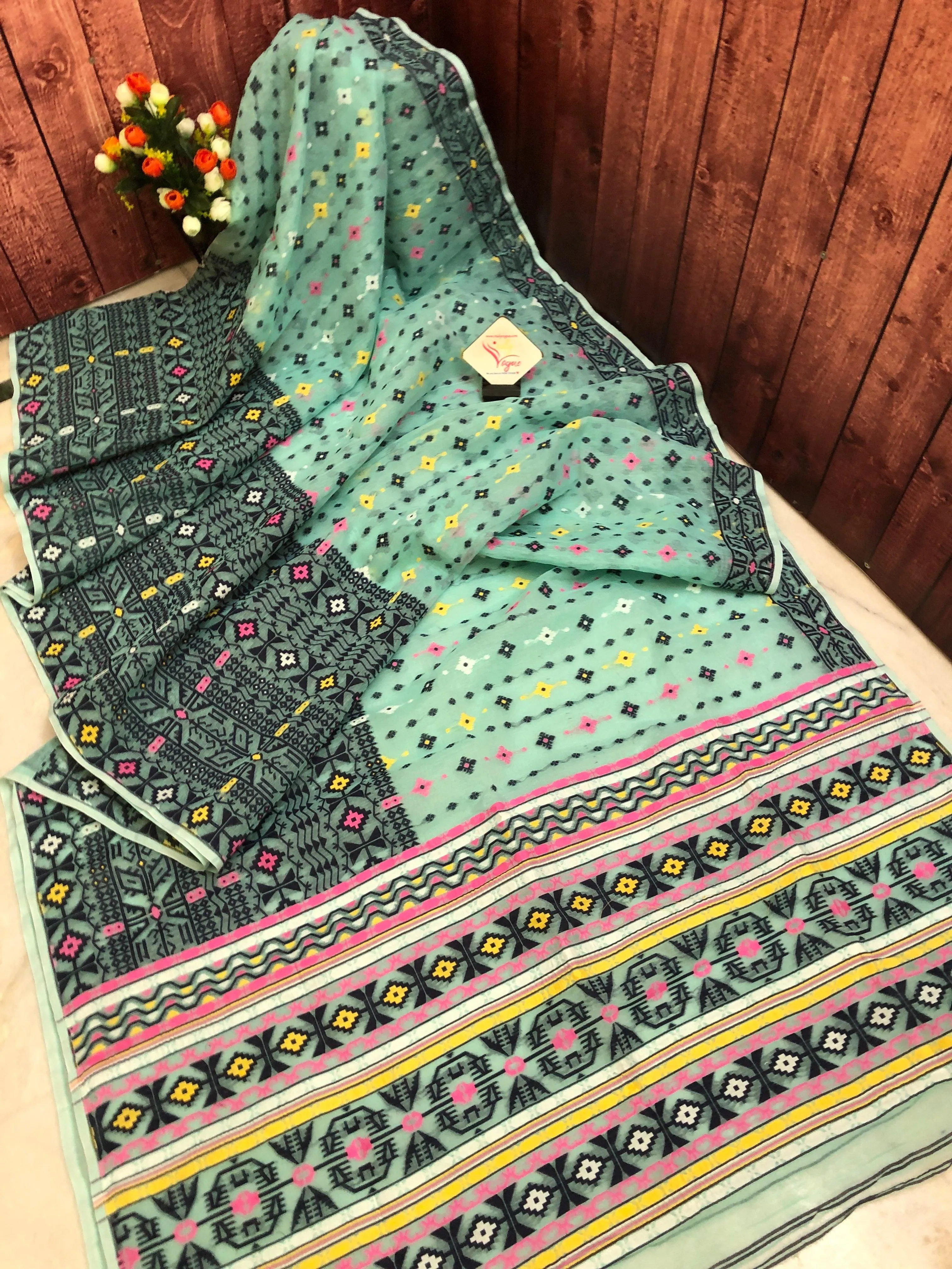 Mint Green & Multi Color Buti Work Pure Jamdani Saree