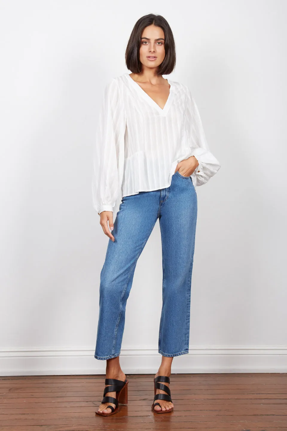 Missy V Neck Puff Sleeve White Blouse