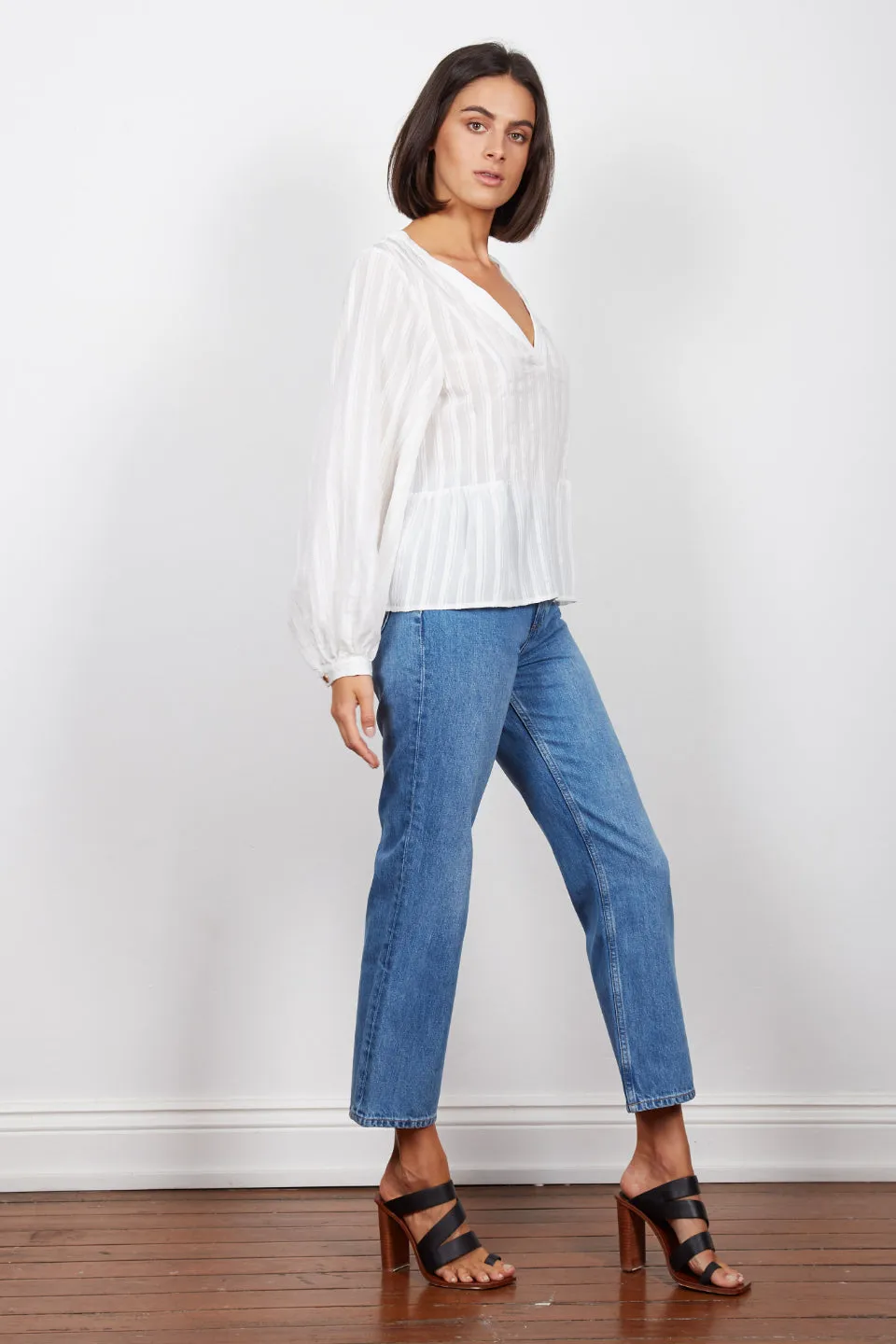 Missy V Neck Puff Sleeve White Blouse