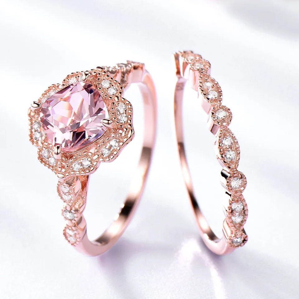 Morganite and Cubic Zirconia 925 Sterling Silver Vintage Wedding Ring