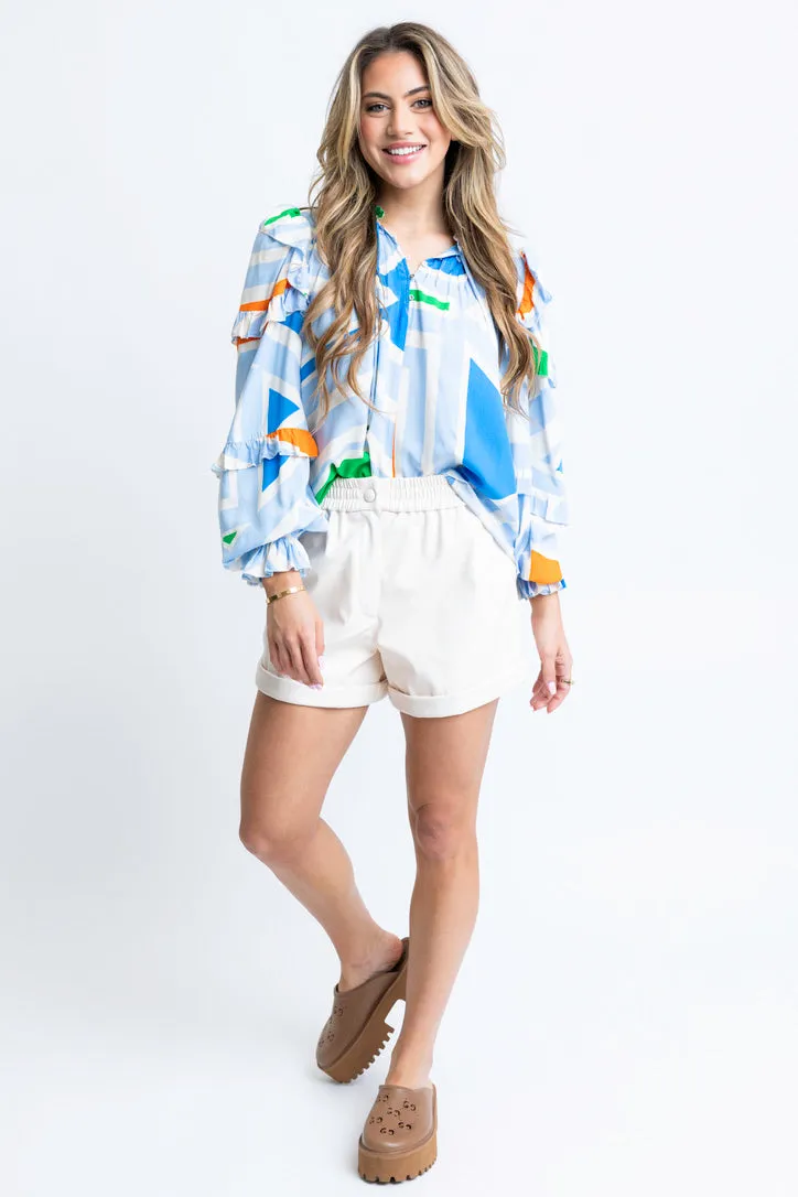 Multi Geometric Ruffle Sleeve Top