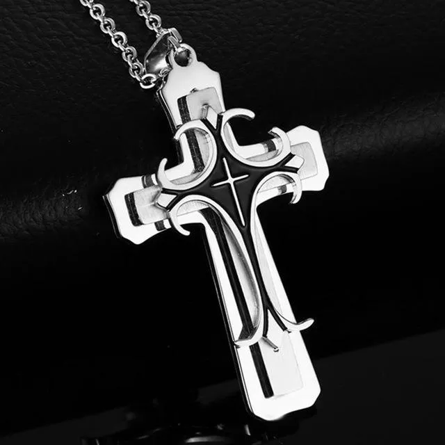 Multi-layer Metal Three Tone Cross Pendant Necklace