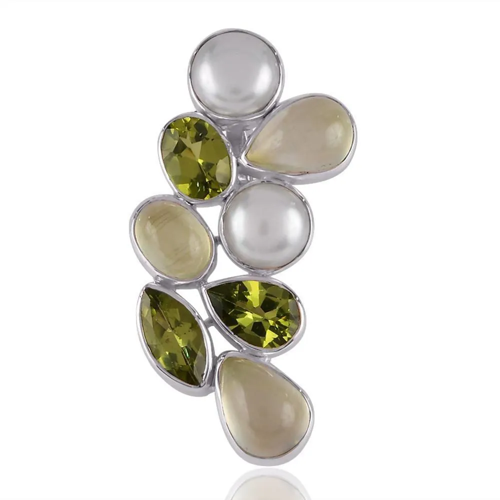 Natural Pearl, Peridot And Prehnite Gemstone Sterling Silver Pendant