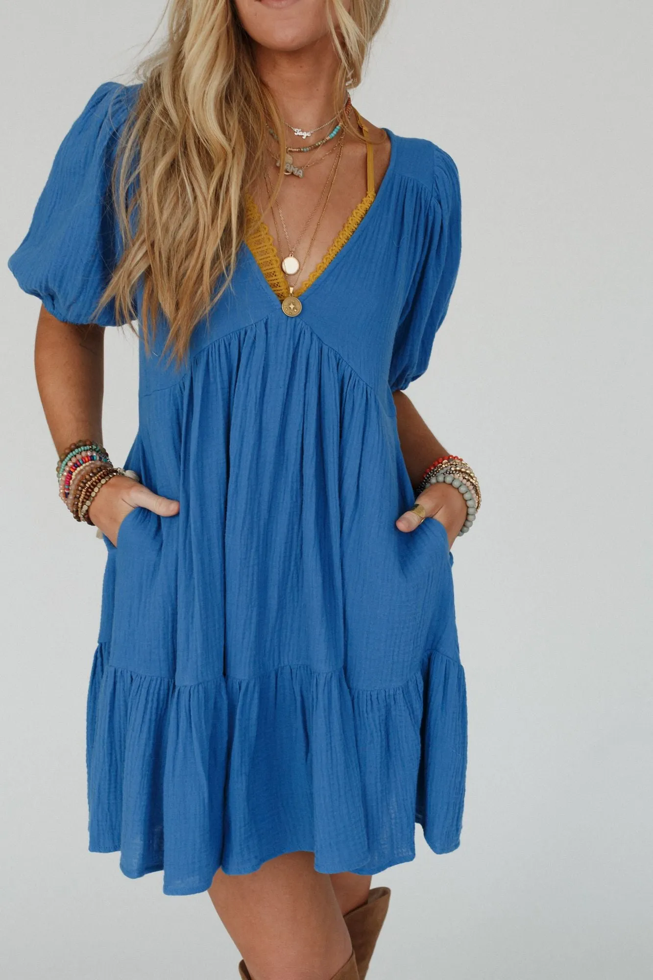 Need To Breathe Puff Sleeve Dress - Blue