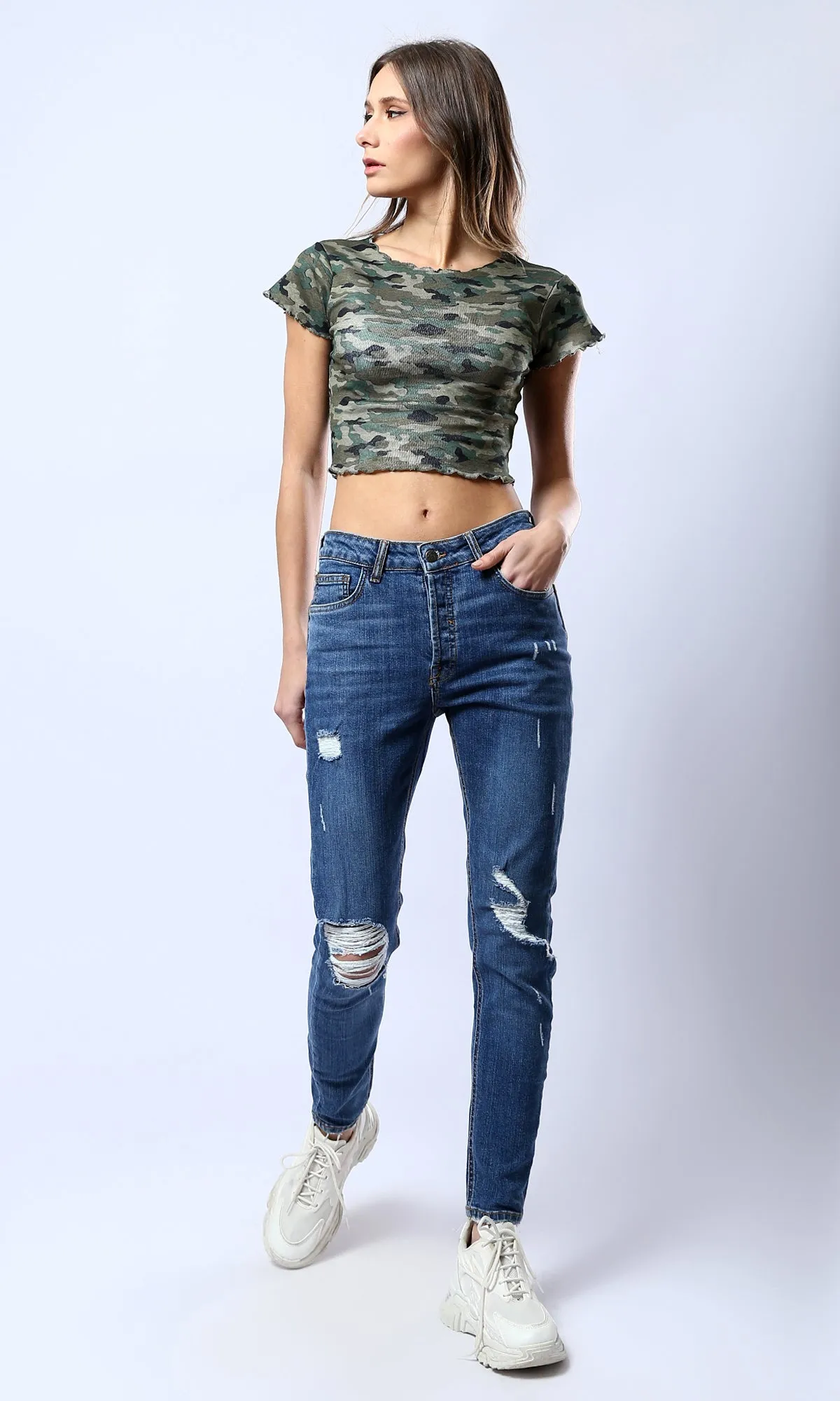 O182214 Standard Blue Casual Ripped Skinny Jeans