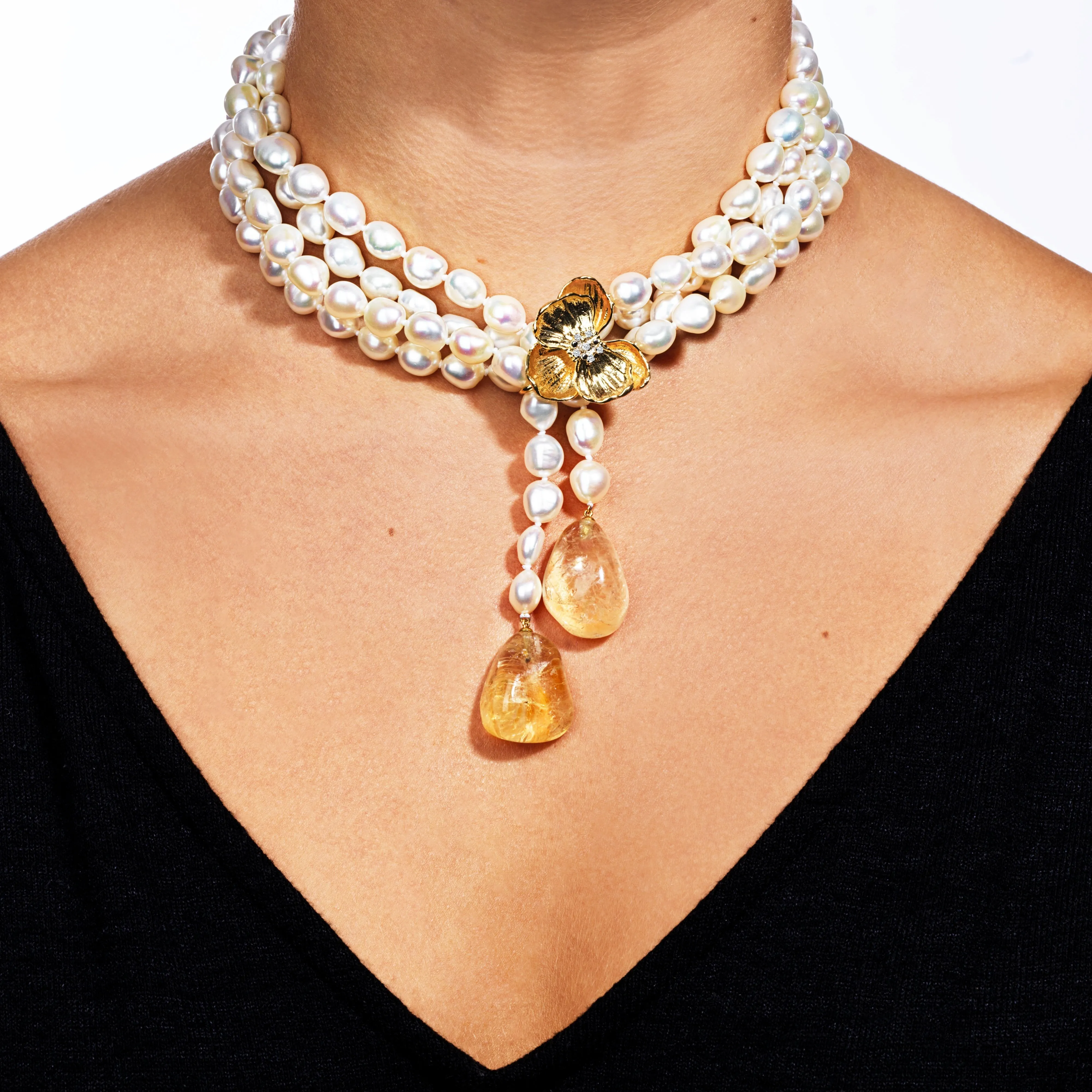 Orchid Lariat Necklace with Pearls, Rutilized Quartz and Diamonds