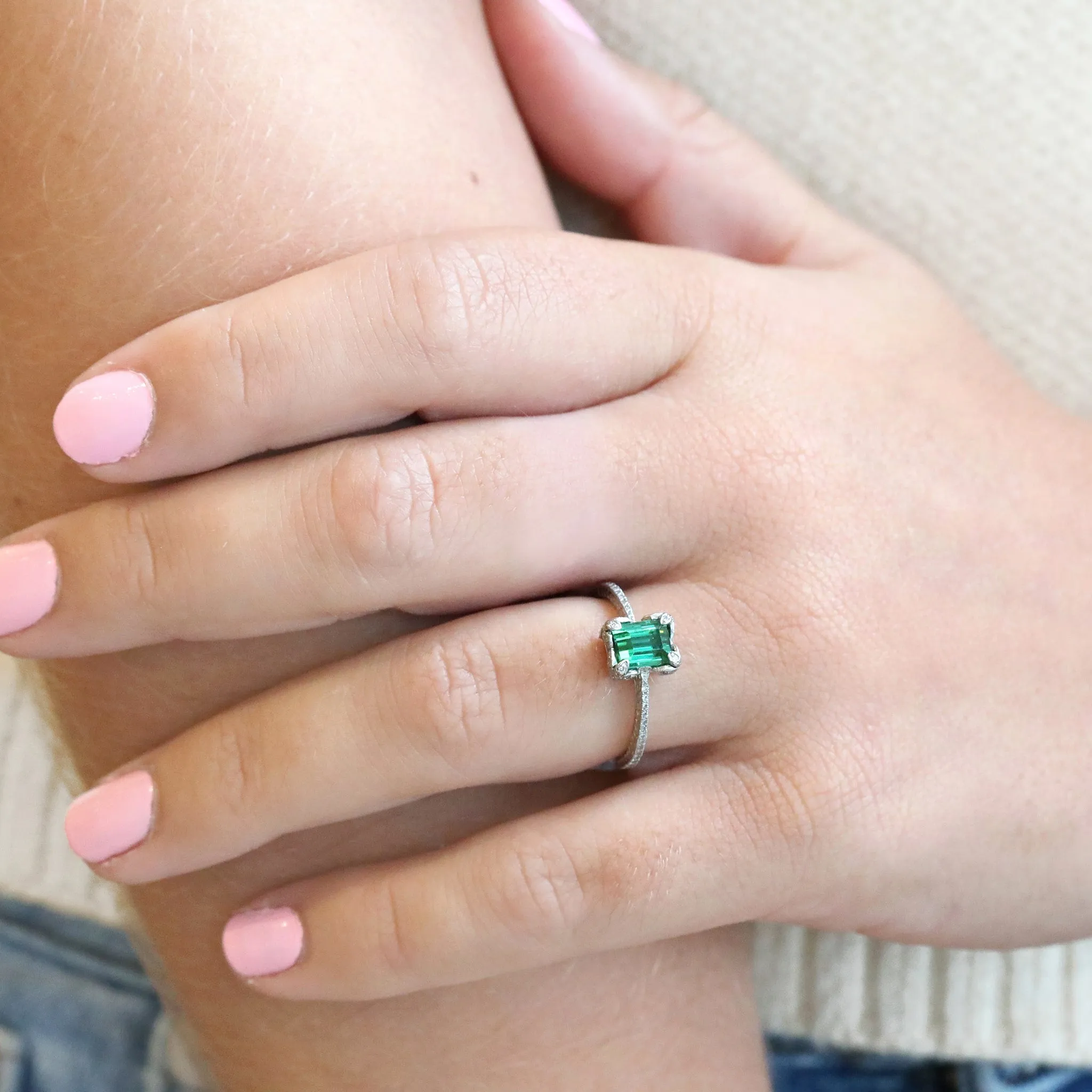 Platinum Flower Corner Ring with Green Tourmaline Center & Diamond Details