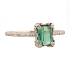 Platinum Flower Corner Ring with Green Tourmaline Center & Diamond Details