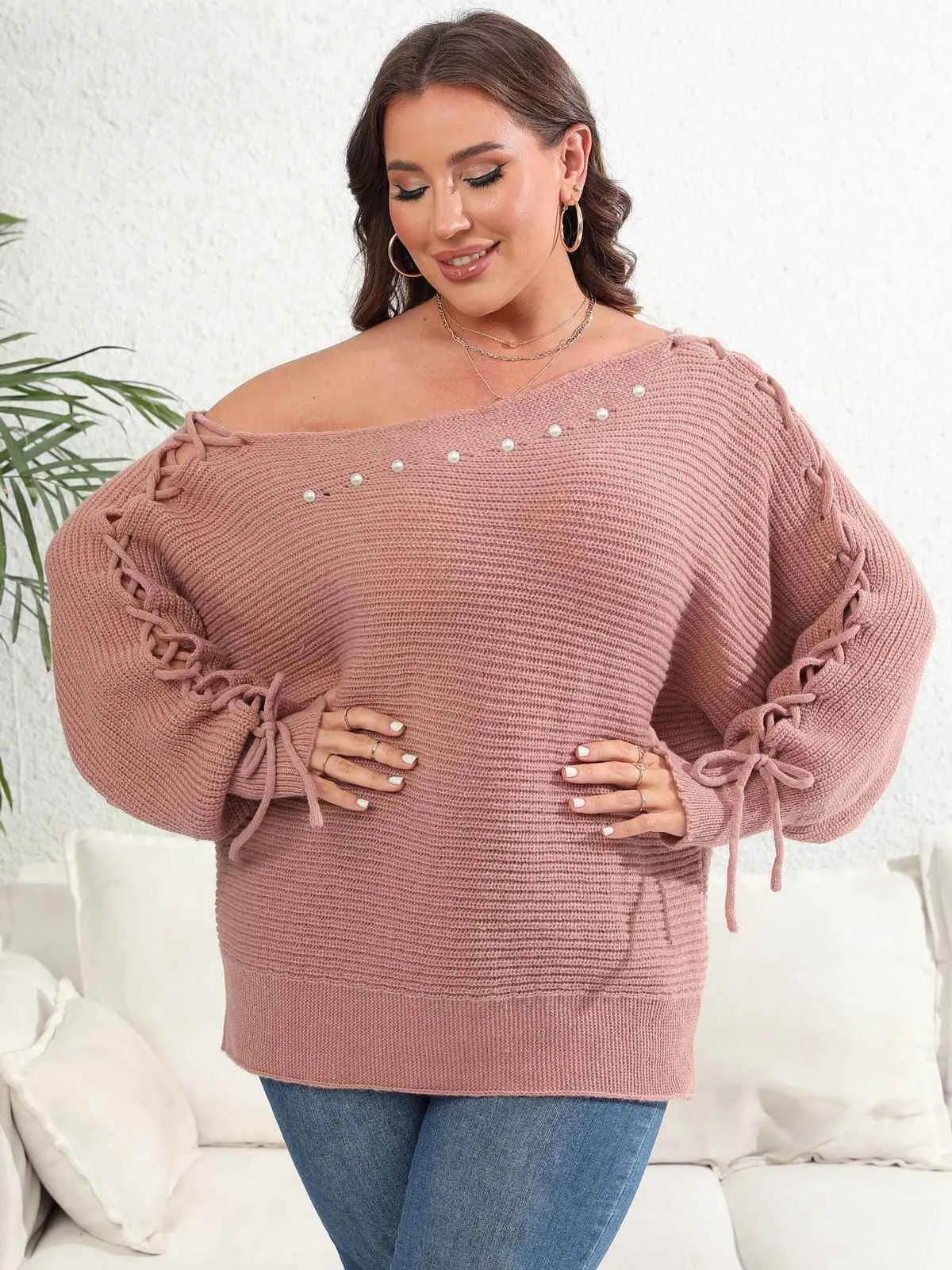 [Plus Size] 1950s Solid Pearl Lace-Up Sleeve One Shoulder Sweater