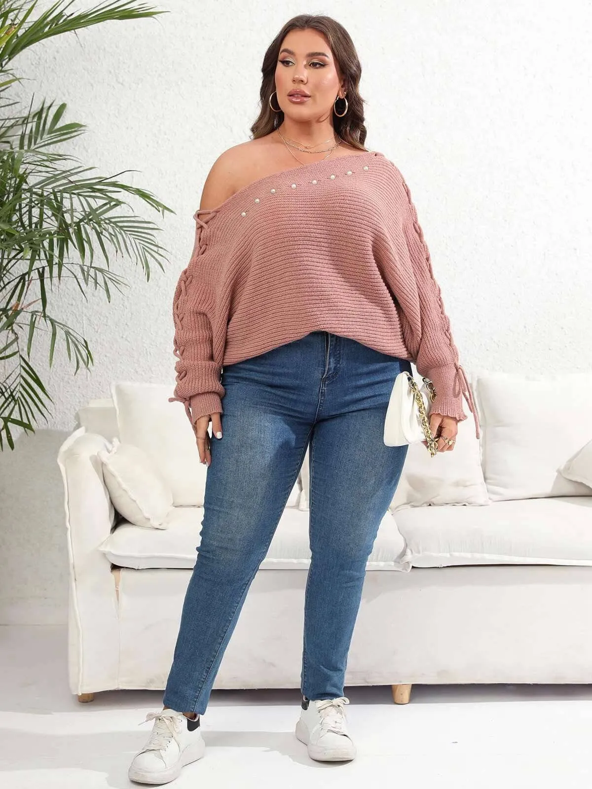 [Plus Size] 1950s Solid Pearl Lace-Up Sleeve One Shoulder Sweater