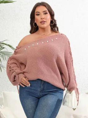 [Plus Size] 1950s Solid Pearl Lace-Up Sleeve One Shoulder Sweater