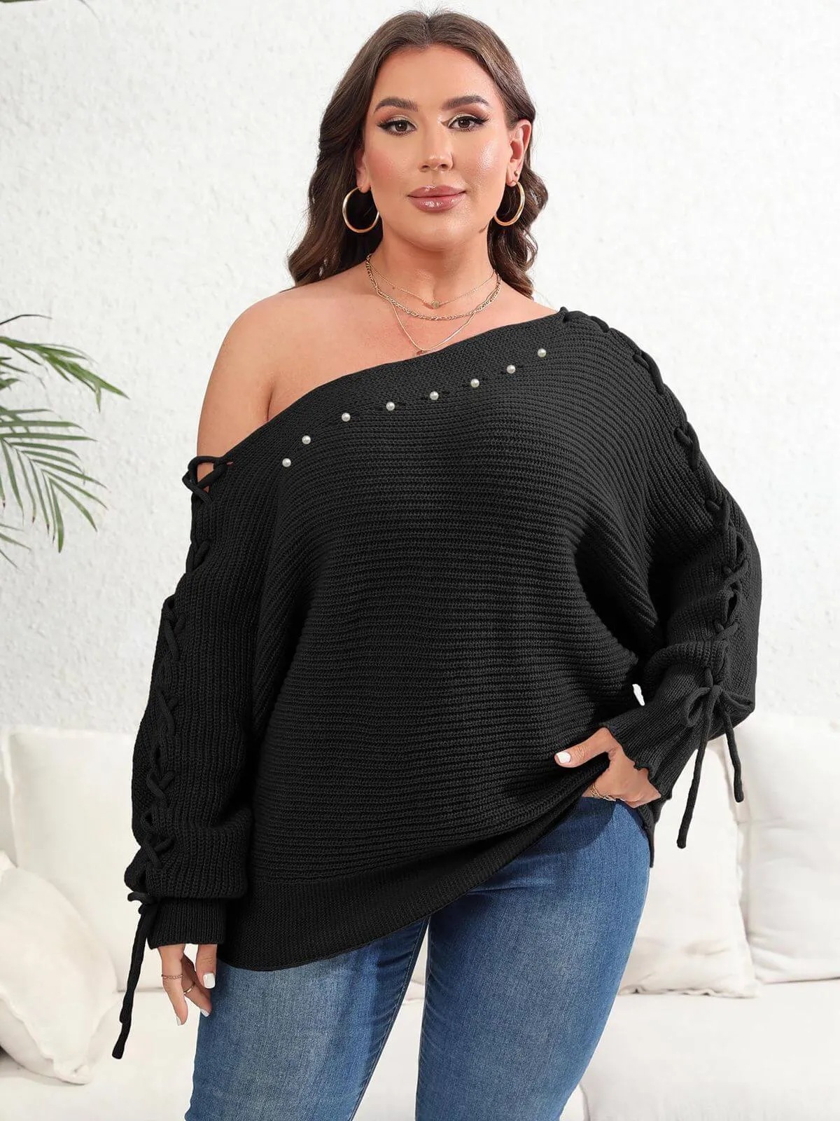 [Plus Size] 1950s Solid Pearl Lace-Up Sleeve One Shoulder Sweater