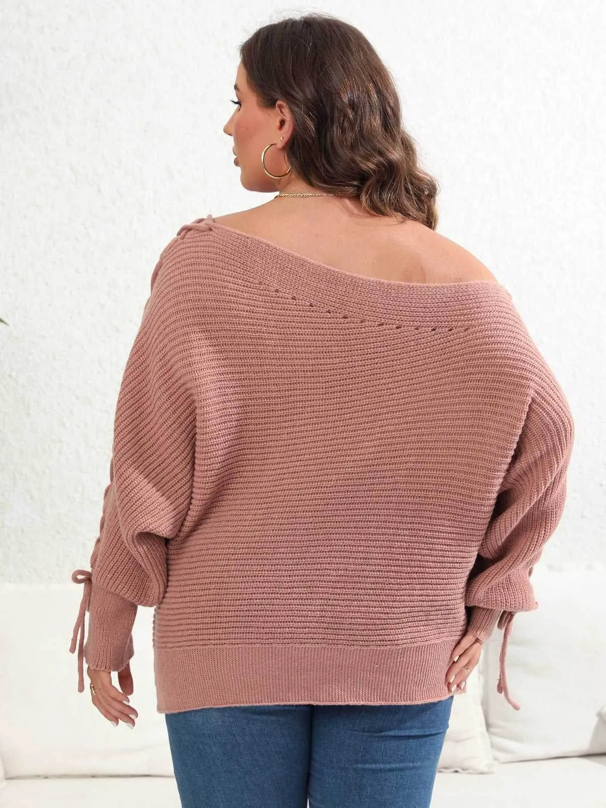 [Plus Size] 1950s Solid Pearl Lace-Up Sleeve One Shoulder Sweater