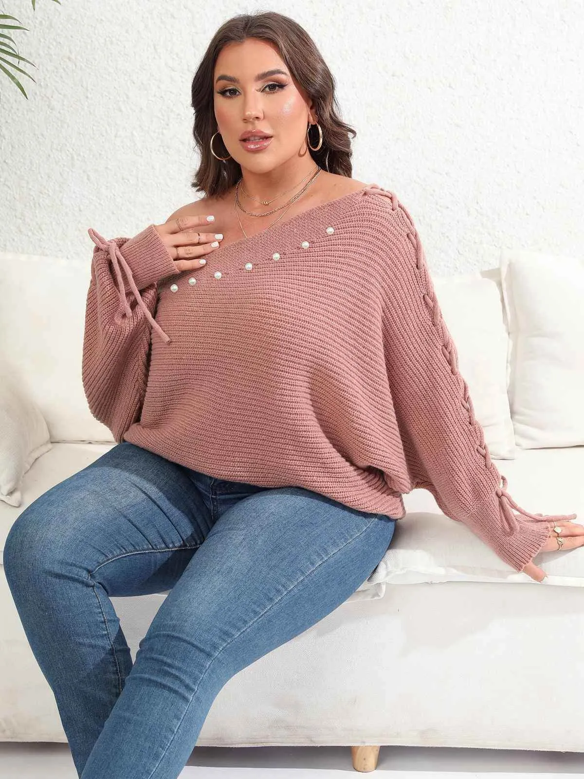 [Plus Size] 1950s Solid Pearl Lace-Up Sleeve One Shoulder Sweater