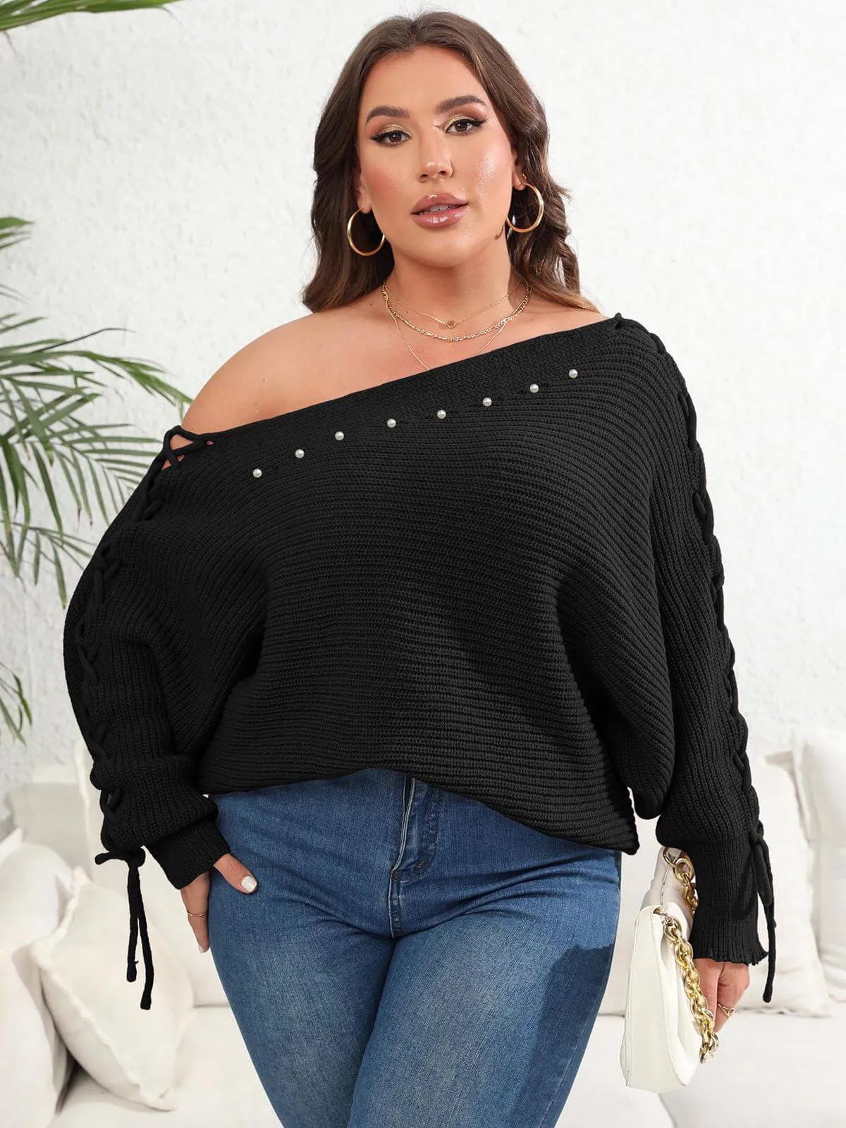 [Plus Size] 1950s Solid Pearl Lace-Up Sleeve One Shoulder Sweater