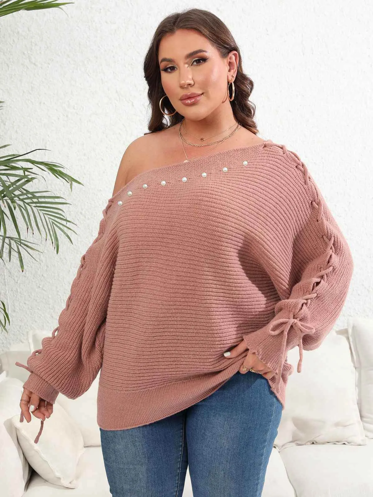 [Plus Size] 1950s Solid Pearl Lace-Up Sleeve One Shoulder Sweater