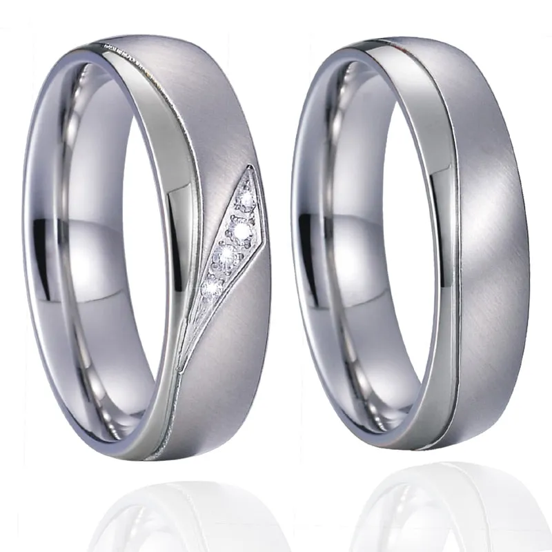 Polished White Gold and Brushed Silver Cubic Zirconia Stainless Steel Wedding Ring Set