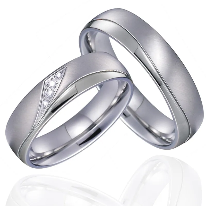 Polished White Gold and Brushed Silver Cubic Zirconia Stainless Steel Wedding Ring Set