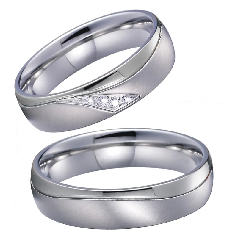 Polished White Gold and Brushed Silver Cubic Zirconia Stainless Steel Wedding Ring Set