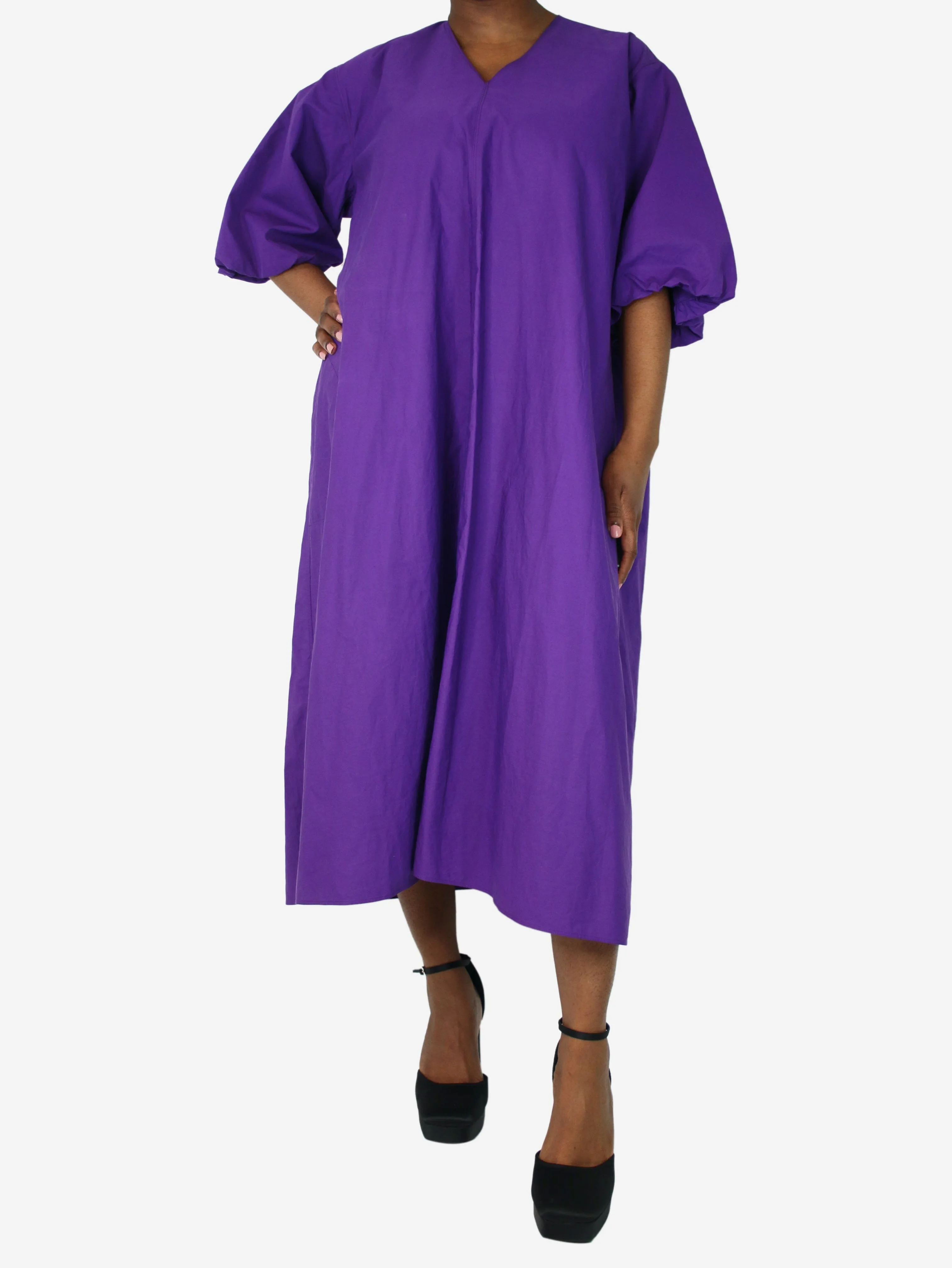 Purple puff-sleeved v-neck dress - size UK 12