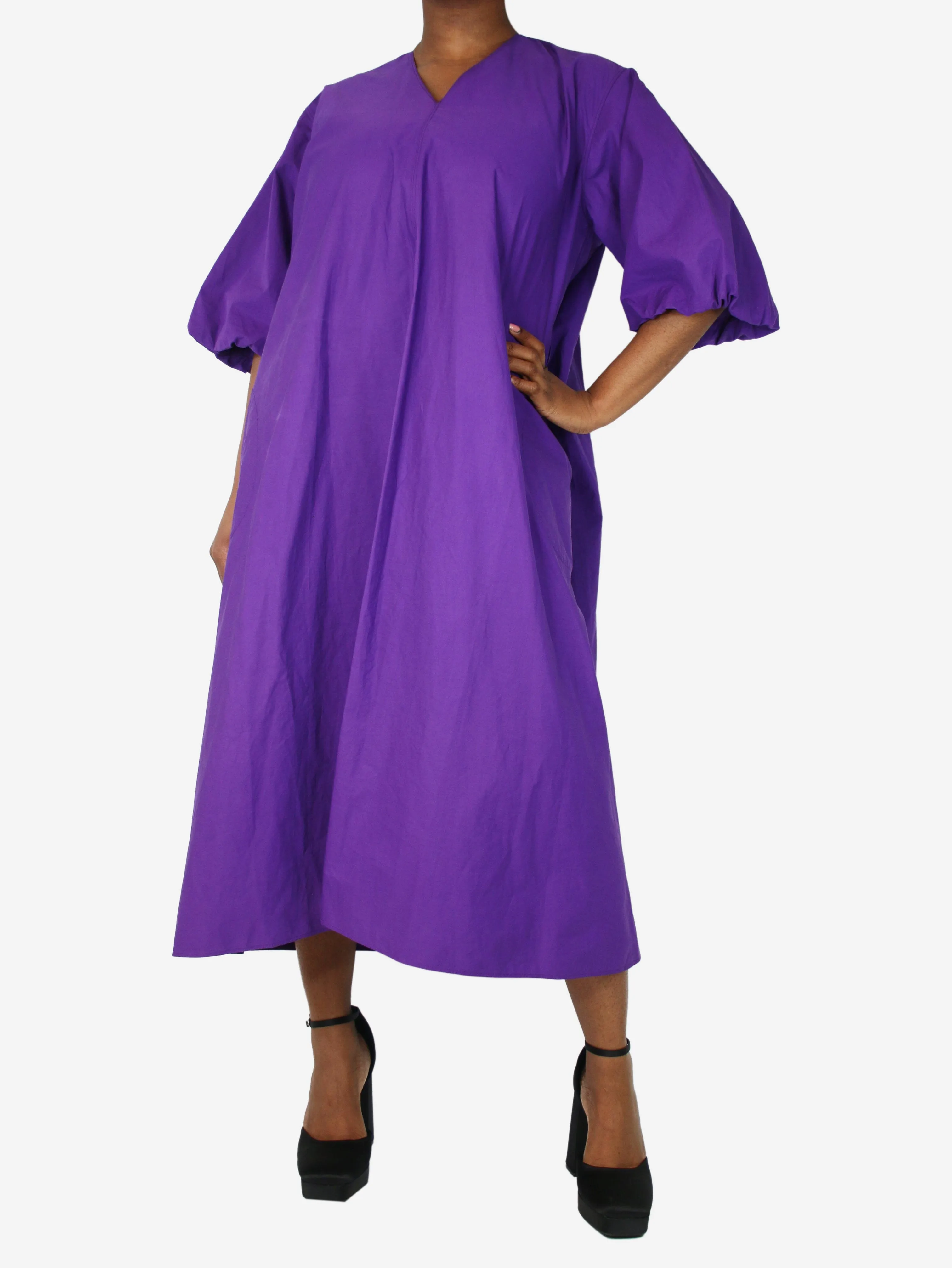 Purple puff-sleeved v-neck dress - size UK 12