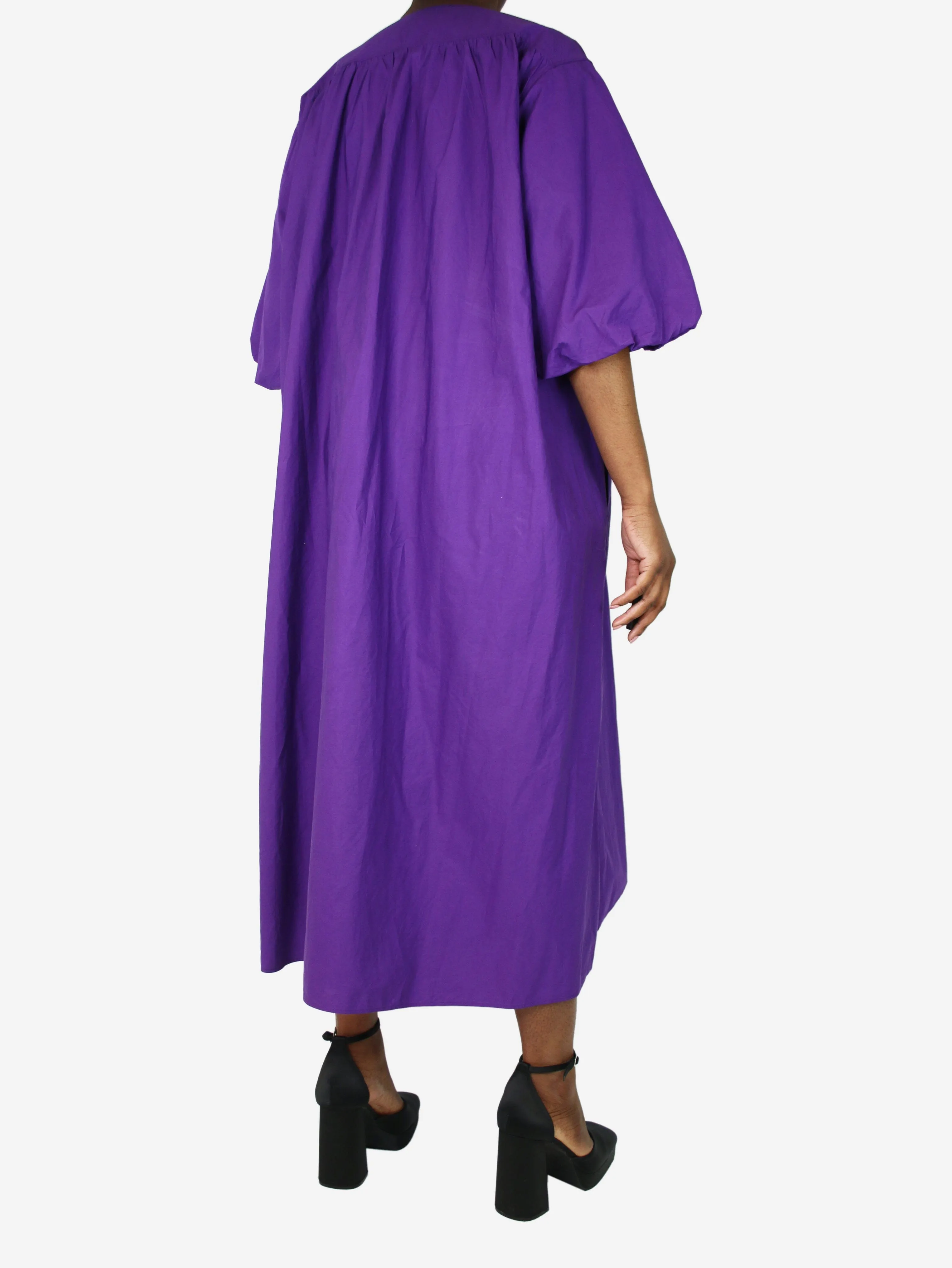 Purple puff-sleeved v-neck dress - size UK 12