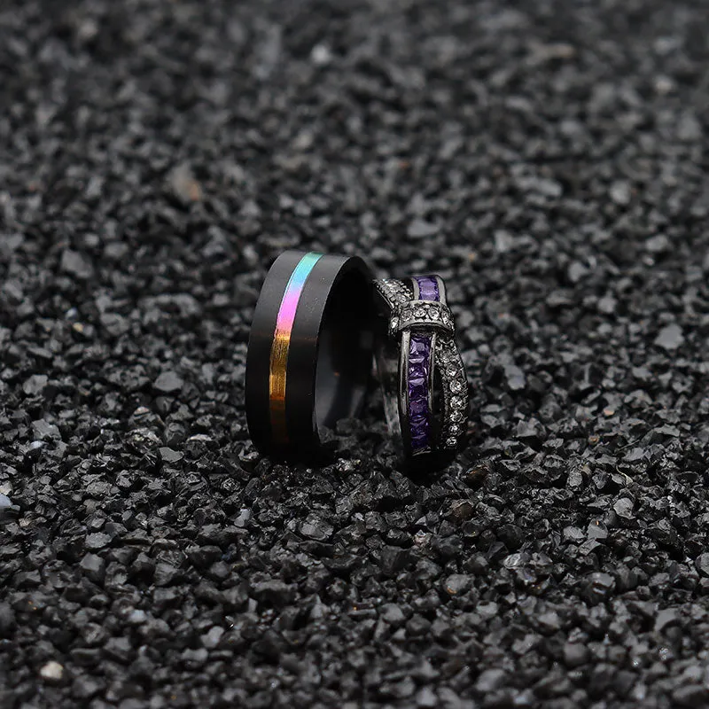 Rainbow Tungsten Carbide and Bow Purple Rhinestone & Cubic Zirconia Wedding Ring Set