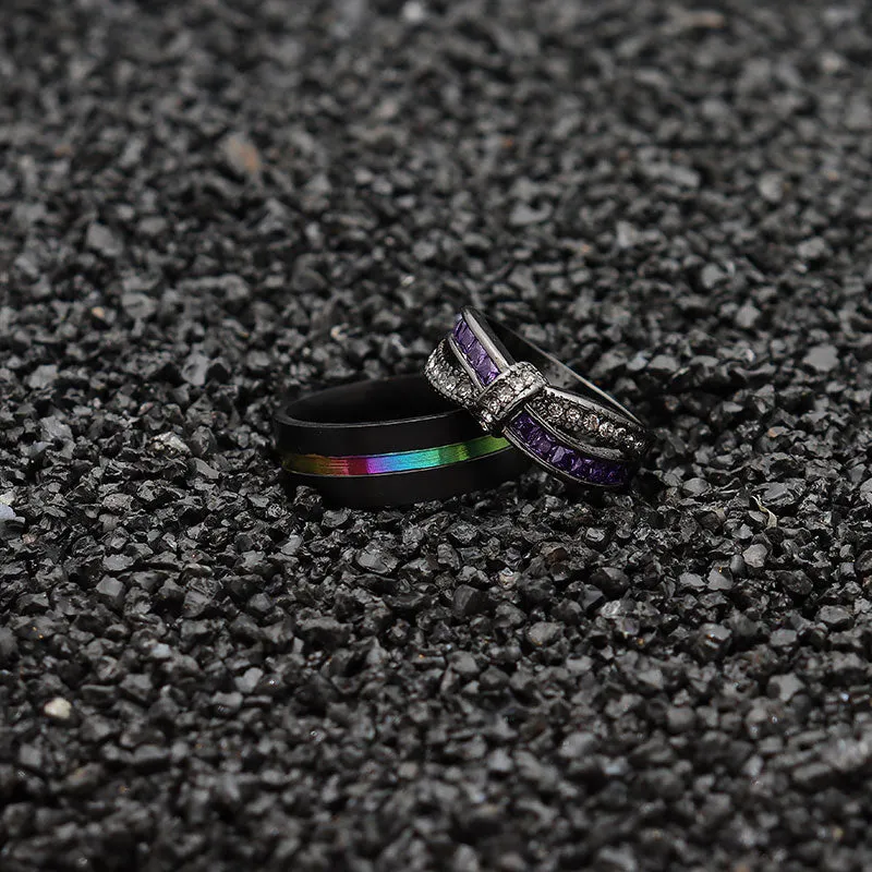 Rainbow Tungsten Carbide and Bow Purple Rhinestone & Cubic Zirconia Wedding Ring Set