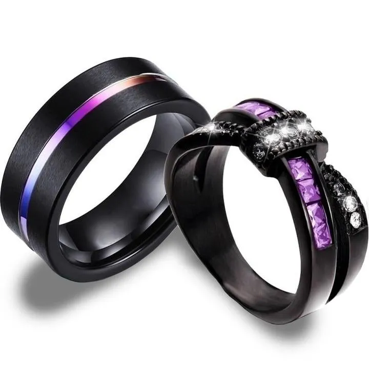 Rainbow Tungsten Carbide and Bow Purple Rhinestone & Cubic Zirconia Wedding Ring Set