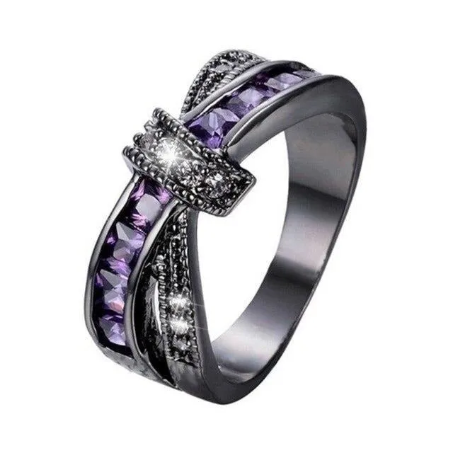 Rainbow Tungsten Carbide and Bow Purple Rhinestone & Cubic Zirconia Wedding Ring Set