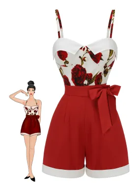 Red 1950s Floral Strap Patchwork Romper