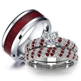 Red Koa Wood and Heart Cubic Zirconia Stainless Steel Wedding Bands