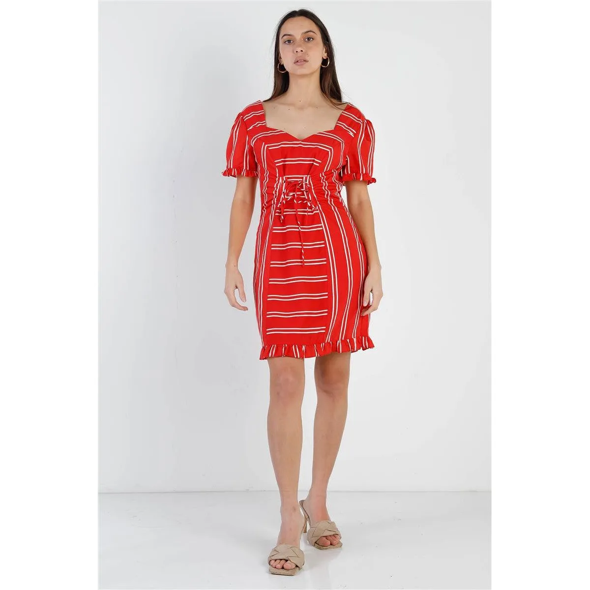 Red Stripe Lace Up Front Detail Ruffle Trim Balloon Sleeve Dress