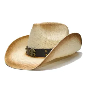 Retro Beige Straw Cowboy Hat with Dollar Sign Leather Band