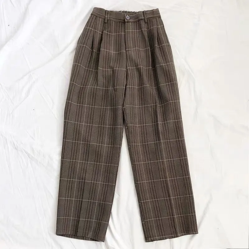 RETRO HIGH-WAIST PLAID CASUAL PANTS BY22807