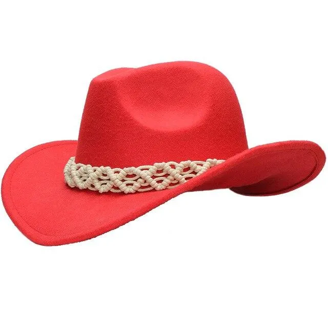 Retro Parent-Child Wool Cowboy Hat with White Hollow-out Knit Band