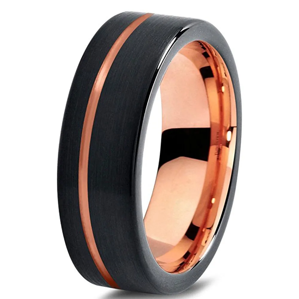 Rose Gold Inlay Black Tungsten Wedding Ring Set