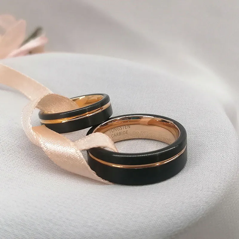 Rose Gold Inlay Black Tungsten Wedding Ring Set